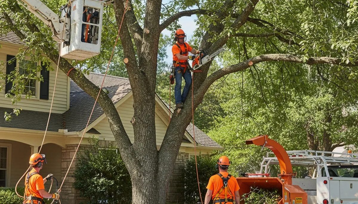 A tree care crew removing a large tree at a home